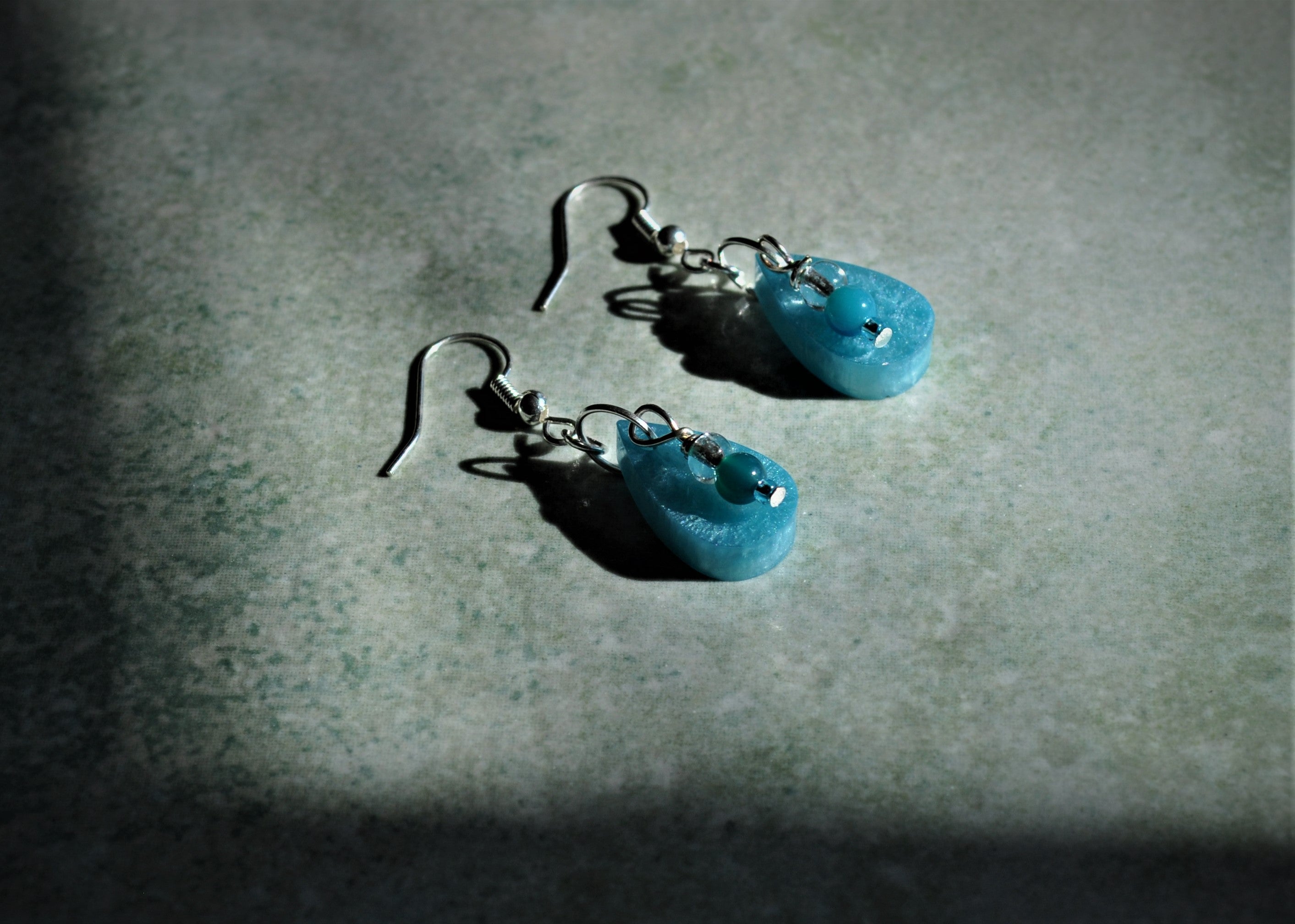 Blue Agate & Light Blue Epoxy Resin Tear Drop Earrings with Blue Hues of Glass Beads