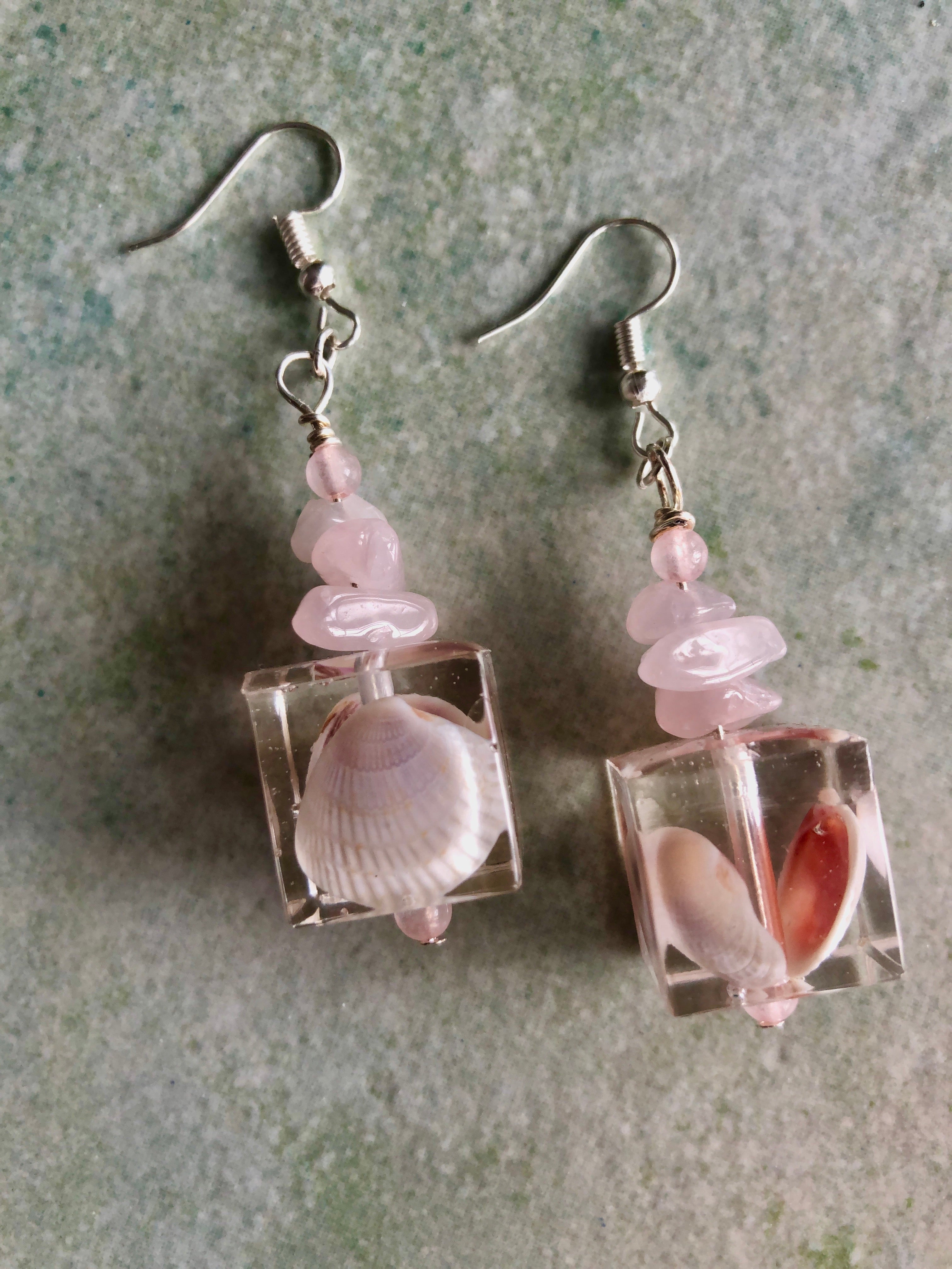 Shell Earrings with Rose Quartz Stones